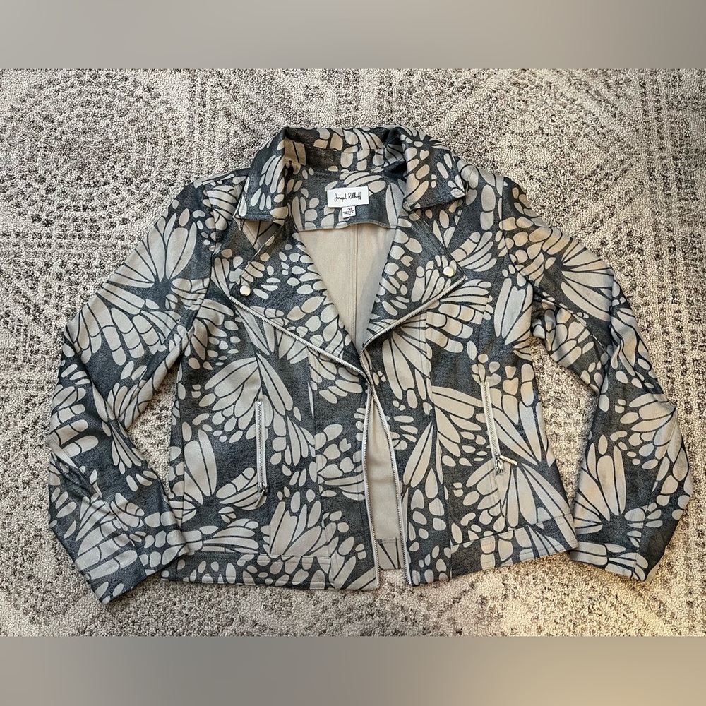 Joseph Ribkoff Gray and Cream Floral Moto Jacket